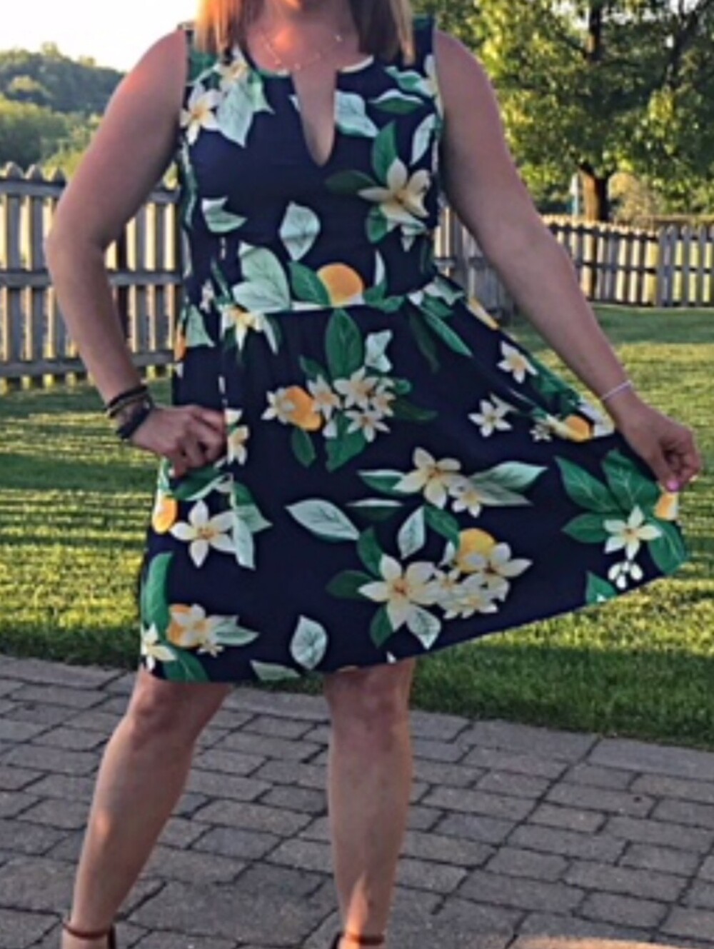Old Navy Navy Skater Skirt with Yellow Floral & Green Leaves